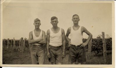 1924 - Frank, Bern and Dave West as teenagers
John (b 1914), Bernard (b 1916), David (b 1918), Frank (b 1918), Ron (b 1920) and Beatrice (b 1921) were the children of John West (1880-1948) and Ada Dobbins (1877-1936). They were all great grandchildren of Bridget Carrucan and John Coleman.
This photo, taken around 1924, shows Bern with his younger twin brothers Frank and Dave.
This photo was passed onto us by Bern's daughter Cheryl.
