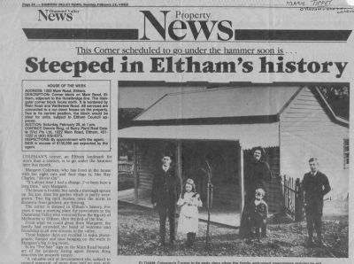 1992 Sale of Coleman Farm in Eltham - 1
This article was published in the Diamond Valley News of Tuesday 11 February 1992 and announced the forthcoming auction of Coleman's Corner, John Coleman's original house block and house. Unfortunately, in subsequent years, roadworks straightened the road and this corner and the house no longer exists. Coleman Crescent is the only reminder to this early pioneering farm.

