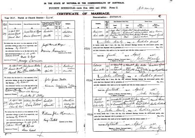 1925 - Wedding Certificate MONICA CARRUCAN - JOSEPH PATRICK HAGAN
1925 Marriage Certificate for Monica Carrucan (1896-1976) and Joseph Patrick Hogan (1898-1990) which has been passed onto us by John Richardson.
Monica Carrucan was the grand daughter of Peter Carrucan and Hannah Woods.
Mona and Joe had a long marriage, producing children Margaret, Bernard, Gregory and Frank.
They are both buried in the Field of Mars Cemetery, Ryde, NSW. Cemetery records show both Monica and Joseph are buried in the C of E section – Lawn 4 – Grave 2113.
