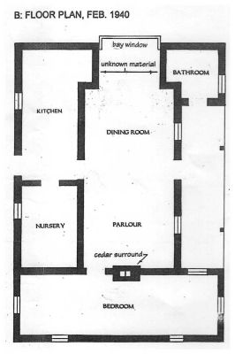 1940-02 Culla Hill Homestead floor plan Dr Roger Luebbers
While the name Culla Hill is used for the road in a subdivision of part of the original 110 acres, the name ‘Sweeneys’ has been generally used since 1939 for the house and barn precinct. The owners at that time, Colin Stanfield Gibson and his wife Beatrice Ebsworth ‘Betty’ Gibson, were from Tasmania and thankfully their thoughtful renovations at Culla Hill in 1939 were influenced by an understanding of the Colonial tradition and its revival. While stone from the demolition of a large fireplace and chimney became a new garden path and garden edging, most of the refurbishment kept the essence of the original fabric. The plan here shows the layout of the rooms as they were at the time of the 1940 Home Beautiful article.
Diagram Dr Roger Leubbers, 1997
