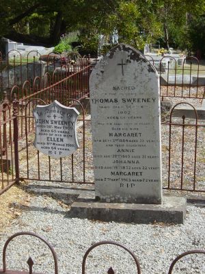 Cemetery Plot 271 - Thomas Sweeney Family Plot
Thomas Sweeney (1803 - 1867) has long been honoured as the pioneer settler of Eltham. Sweeney had in fact been transported to Australia as a convict. After a conditional pardon, he moved from Sydney to Melbourne and, in April 1842, wrote to Superintendent LaTrobe to purchase land on the south bank of the Yarra. he settled in Eltham at a property he called "Culla Hill" and lived the rest of his life there.
He died in 1867 at age 64 and is buried with his wife Margaret and various children a family plot.
