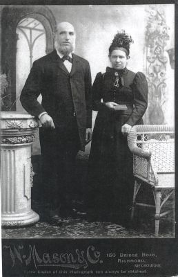 1880s late - Patrick Carrucan and Mary Carrucan (nee O'Brien)
Patrick CARRUCAN (1831-1894) married Mary O'BRIEN (1838-1927) some time around 1856 at Ennistimon, County Clare, Ireland. She was 19 and he was 27.

Later in that same year of 1856, they left Ireland, bound for Australia. Once there, they joined Patrick's sister Bridget and her husband John Coleman in Eltham.

This photo, taken some time in the late 1880's shows an elderly couple formally posing for a Richmond photographer. Is this Patrick and Mary? Investigations are continuing.
