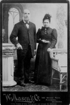 1880s late - Patrick Carrucan and Mary Carrucan (nee O'Brien)
Patrick CARRUCAN (1831-1894) married Mary O'BRIEN (1838-1927) some time around 1856 at Ennistimon, County Clare, Ireland. She was 19 and he was 27.

Later in that same year of 1856, they left Ireland, bound for Australia. Once there, they joined Patrick's sister Bridget and her husband John Coleman in Eltham.

This photo, taken some time in the late 1880's shows an elderly couple formally posing for a Richmond photographer. Is this Patrick and Mary? Investigations are continuing.
