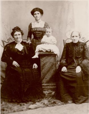 1905 approx - 4 generations of Carrucan women - Mary Carrucan (nee O'Brien), her daughter Bridget Lane, her daughter Bridget McMahon and her daughter Mary Chidlow
Historic photo showing 4 generations of Carrucan women
1. Mary Carrucan (nee O'Brien), the wife of the original Patrick Carrucan 1838-1927
2. Her eldest daughter Bridget Lane (nee Carrucan) 1958-1949
3. Her fifth child Bridget (Dolly) McMahon (nee Lane) 1883-1968
4. Her eldest child Mary Honoria (Bonny) McMahon who eventually married Barry Chidlow.

This photo must date from around 1905. I don't have an actual birth date for Bonny. If this was known, it would tie the date down.
