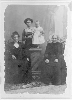 1905 approx - 4 generations of Carrucan women - Mary Carrucan (nee O'Brien), her daughter Bridget Lane, her daughter Bridget McMahon and her daughter Mary Chidlow
Historic photo showing 4 generations of Carrucan women
1. Mary Carrucan (nee O'Brien), the wife of the original Patrick Carrucan 1838-1927
2. Her eldest daughter Bridget Lane (nee Carrucan) 1958-1949
3. Her fifth child Bridget (Dolly) McMahon (nee Lane) 1883-1968
4. Her eldest child Mary Honoria (Bonny) McMahon who eventually married Barry Chidlow.

This photo must date from around 1905. I don't have an actual birth date for Bonny. If this was known, it would tie the date down.
