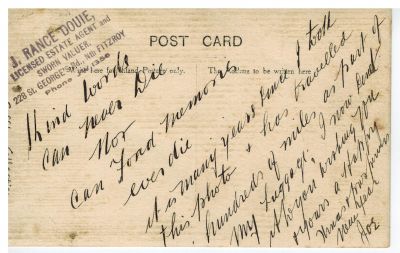 1910 approx Dalton St Farm Michael O'Heare Michael Carrucan Mary Carrucan - reverse
This shows the back of the old Dalton St farm circa 1910. On the left is Michael O'Heare, a well known local solicitor who was one of the groomsmen at Michael Carrucan's wedding (1910). Michael Carrucan is shown on the right and Michael Carrucan's mother Mary (nee O'Brien) who was born in 1838 in Ireland is in the middle. She would have been around 72 at this time. She eventually died in 1927 aged 89.
This photo was no doubt taken by Joseph Rance Douie, a friend of Michael O'Heare. Joseph says on the back of the photo 'It is many years since I took this photo ...'
