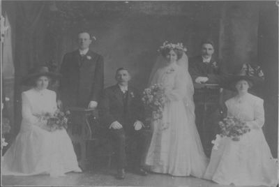 1910 October - wedding of Michael Carrucan and Mary Sweeney of Eltham
This shows the wedding of Mary Sweeney and Michael Carrucan at St John's Catholic Church in Heidelberg in October 1910.
Celebrant was Rev Fr. Parker.
From left to right: Catherine Sweeney, Michael O'Hare, Michael Carrucan, Mary Carrucan, Thomas Sweeney, Ellen Smith
