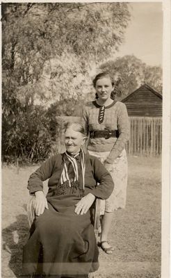 1937 - Bridget Lane (nee Carrucan) with granddaughter Alice Margaret Ruthven (Peg) nee Lane, daughter of Con Lane
1937 - Bridget Lane (nee Carrucan) with granddaughter Alice Margaret Ruthven (Peg) nee Lane, daughter of Con Lane.

Picture taken in Jan 1937 in Busselton, WA. Bridget's daughter Eileen was staying there and Peg travelled with Bridget to Busselton.
