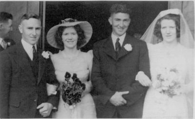 1941 - Joe Kelly, Peg Ganly, Bernard and Molly Kelly nee Ganly
Mary Frances (Molly) Ganly, a grand daughter of Patrick Carrucan, was born at Flemington on 25 June, 1916 and Bernard Thomas Kelly at St Patrick's, Mentone, on 9 August 1941. They are shown on the right. The photo also shows Joe Kelly and Peg Ganly.
