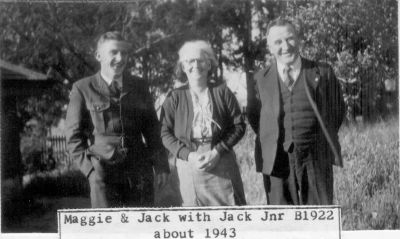 1943 approx - John Francis (Jack) and Margaret (Maggie) Carrucan with son Jack (John)
This photo shows John Francis (Jack) Carrucan and Margaret Ellen (Maggie) Carrucan (nee Doherty) with their son Jack Jnr. The family lived at Cheswick in country Victoria and Jack Jnr. was one of 7 children. This photo, taken around 1943, shows Jack, then aged 21, in military garb posing with his parent.
Jack senior was a grandson of Patrick Carrucan who migrated from Co. Clare to Eltham
