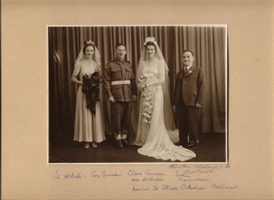 1945 wedding Con Carrucan and Clare McArdle with Lil McArdle and Ivan Carrucan
Con (Cornelius Patrick) Carrucan was the great grandson of Patrick Carrucan who migrated from Co. Clare to Eltham in the 1950s. He was one of 7 children of John Francis (Jack) Carrucan and Margaret Ellen (Maggie) Carrucan (nee Doherty) of Cheswick.
This photo shows the 1945 wedding of Con and Clare McArdle.
Lil McArdle and Ivan Carrucan are also in the photo.

