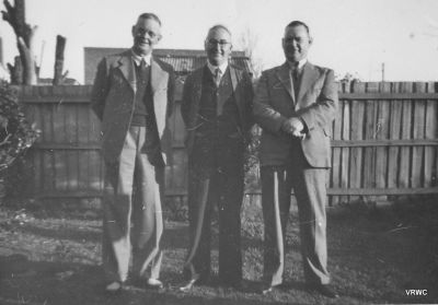 1950 - Clarence Calnin, John Conway James Calnin
The photo shows Clarence Calnin (1898-1982) on the left, James Calnin (1901-1952) on the right and John Conway in the middle. John was the husband of their sister May Calnin (1904-1984). Clary and Jim were 2 of the 10 children born to James Calnin and Annie (Babe) Carrucan and were grand children of Patrick Carrucan and Mary O'Brien.
