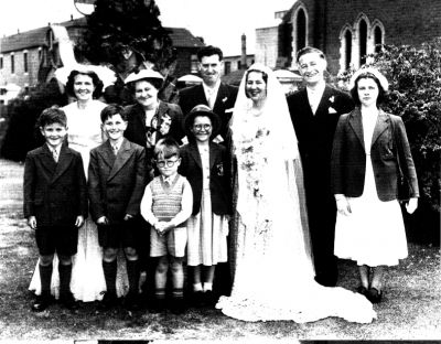 1952 - marriage of Ann Marie Latham and William Francis Hunt
Group wedding photo from the wedding of Ann Marie Latham (b 1923) and William Francis Hunt on 30th December 1952 at St. Joseph's Church, Otter Street, Collingwood.

Left to Right (Top): Matron of Honour:- Molly O'Farrell (nee Latham), Ann Marie Latham (nee Carrucan), Groom: William Francis Hunt, Bride: Ann Marie Hunt (nee Latham), Best Man: Kevin Latham, Lynette Latham
Left to Right (Bottom): Peter, John and Paul O'Farrell and Maureen Latham.
