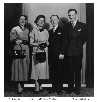 1953 - Marriage of Kathleen Calnin and Matthew OHalloran
Kathleen Calnin (1919-1969), the youngest daughter of Annie (Babe) Carrucan and James Calnin, was a grand daughter of Patrick and Mary Carrucan. In 1953 she married Matthew O'Halloran and they subsequently had their own family with children Anne (b 1954) and James (b 1956).
This is their wedding photo.
Matthew died at Camberwell on 3 March 1961 from natural causes. Kathleen died at Melbourne on 14 December 1968 from natural causes. Both are buried at Box Hill Cemetery, Box Hill Victoria.
