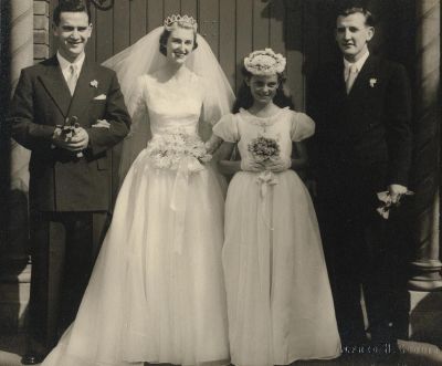1954 - Marriage of Gregory Carrucan and Bernadette Hanley
1954 - Marriage of Gregory Carrucan (1929-1991) and Bernadette Hanley at St Patrick's Cathedral in East Melbourne, Victoria.
Also shown in the photo are bridesmaid Mary Hanley and Greg's brother Jack Carrucan (1922-1987) on the right.
Greg and Jack were sons of John Francis Carrucan (1885-1956), the grandson of Patrick Carrucan who migrated from Ireland in 1856
