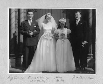 1954 - Marriage of Gregory Carrucan and Bernadette Hanley
1954 - Marriage of Gregory Carrucan (1929-1991) and Bernadette Hanley at St Patrick's Cathedral in East Melbourne, Victoria.
Also shown in the photo are bridesmaid Mary Hanley and Greg's brother Jack Carrucan (1922-1987) on the right.
Greg and Jack were sons of John Francis Carrucan (1885-1956), the grandson of Patrick Carrucan who migrated from Ireland in 1856
