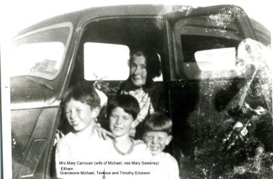 1955 - Mary Carrucan with grandsons Michael Terry Tim Erickson at Eltham
This photo shows Mary Carrucan (nee Sweeney), the wife of Mick Carrucan of Dalton St Eltham, with her 3 grandsons Mick (born 1946), Terry (born 1947) and Tim (born 1950) Erickson.
