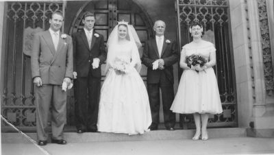 1956 - Wedding of Ivan Calnin and Janne Anderson
This photo shows the 1956 wedding of Ivan Calnin and Janne Anderson. Also shown are Carol Martin (left) and Steve Anderson (second from right) \r\nJanne and Ivan had two children, Meridy and Peter, before Janne died of cancer in 1960.
Ivan then remarried Dawn Mitchell and had one further child, Tim.
Ivan (1923-1997) was a great grand child of Patrick Carrucan and Mary O'Brien.
