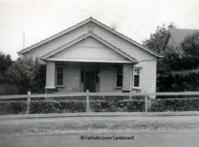 1969 - Anne and James O'Halloran lived in this house until 1969
Kathleen nee Calnin (1919-1969), the youngest daughter of Annie (Babe) Carrucan and James Calnin, was a grand daughter of Patrick and Mary Carrucan. In 1953 she married Matthew O'Halloran and they had their own family with children Anne (b 1954) and James (b 1956). Until 1969, this was their family home - the address 40 Fairholm Grove, Camberwell.
Alas the marriage was cut short when Matthew died in 1961 and Kathleen was left to bring up their children on her own. Kathleen died in 1969 and at that stage, the family home was no more.
Anne and James are now grown up with their own families.
