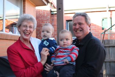 2013 Frank and Kathleen Carrucan with grand children twins sam and jack
Frank Carrucan, who lives in Ballarat, is the great great grandson of Patrick Carrucan who migrated from Co. Clare to Eltham in the 1850's. Frank is one of the children of Cornelius Patrick (Con) and Clare (nee McArdle) Carrucan and a grandson of Jack and Maggie (nee Doherty) Carrucan. He is one of the main cogs in the active family history group. Frank is shown here in 2013 with wife Kath and twin grand children Sam and Jack.
