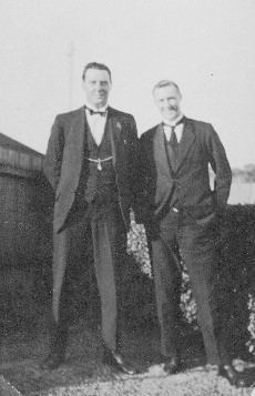 1922 - Charles Reginald Carrucan born 1890, and his brother John Alyousios Carrucan born 1906
This photo of Charles Reginald (Reg) Carrucan born 1890 and his brother John Alyousios (Jack) Carrucan born 1906, was probably taken on the day of Reg's wedding to Lottie THOMAS (1897-1971) in 1922.

They were two of the children of Mary Jane (Manly) Bregazzi (1868-1926) and John Carrucan (1864-1943), the second child of Peter Carrucan and Hannah Woods. The full list of the 6 children reads as follows

Agnes Georgia CARRUCAN (1888-1890)
Charles Reginald CARRUCAN (1890-1952)
Gladys Mary CARRUCAN (1892-1893)
Kathleen CARRUCAN (1894-1970)
Ellen (Nell) CARRUCAN (1896-1986)
John (Jack) Alyousius CARRUCAN (1906-1978)
