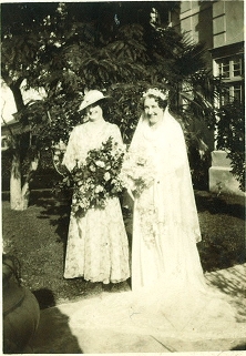 1935 - Kathleen Clements nee Carrucan on her wedding day with bridesmaid Molly Carey
Kathleen Carrucan was the sixth child of Margaret and Michael Carrucan of Kew. She was born 23/10/1906 and died 19/08/1992, aged 85 years. She married William (Bill) Clements (born 28/11/1905, died 31 05/1986) at Sacred Heart Catholic Church in Kew on 03/06/1935.
This photo, taken on her wedding days, shows her with her bridesmaid Miss Molly Carey.
Kathleen was a great grand child of Peter Carrucan and Hannah Woods.
