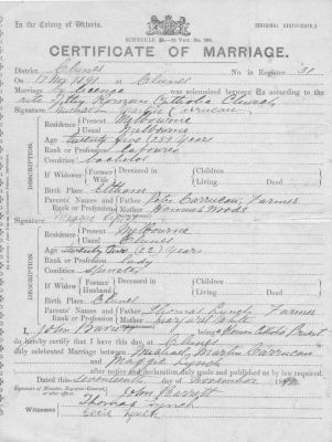 1891 - Wedding Certificate Michael and Margaret Carrucan
This is the 1891 wedding certificate of Michael Martin Carrucan (1866-1954) and Margaret Lynch (1868-1966) at St Thomas Aquinas Church in Clunes in country Victoria. Michael was the fourth child of Peter Carrucan and Hannah Woods.
They settled in Kew and built up a very successful woodyard business.
They had 6 children: Thomas Michael (1892), Francis William (1895), Monica (1896), Leo (1901), Marguerite (1903) and Kathleen (1906).
