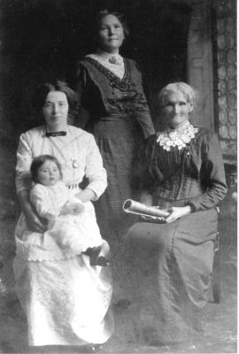 1910 approx - Hannah Carrucan - 4 generations of Carrucan women
This photo, passed on by Mary Tippet, shows 4 generations of Carrucan women. They are
Hannah Carrucan (nee Woods) who emigrated to Australia from 'Fanarooska'Ã‚Â Castle in Ireland at 17 years of age and subsequently married Peter Carrucan
Her eldest daughter Hannah Sloan (nee Carrucan)
Her eldest daughter Hannah O'Bryan (nee Sloan)
Her eldest daughter Mary O'Bryan (Sister Veronica Mary of the Little Sisters of the Poor)
