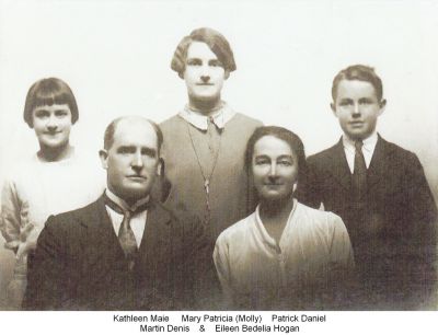 1924 circa - Martin and Eileen Hogan and children Kathleen Mary and Patrick
Eileen Bedelia Carrucan (1886-1945) married Martin Denis Hogan (1881-1936) in 1911 in Malvern, Victoria. Eileen was a grand daughter of Peter Carrucan and Hannah Woods. They had 3 children, Mary Patricia (Molly) (1912), Patrick Daniel (1913) and Kathleen Maie (Kathy) (1916) Hogan. Photo provided by David Reinger, the husband of Meron Mildred Reinger nee Renault, who is a great grand daughter of Peter Carrucan and Hannah Woods.
