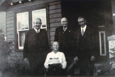 1938 approx - Hannah Sloan nee Carrucan birthday, with her brothers Michael, John and Frank
Hannah Veronica Carrucan was the second child of Peter Carrucan (1837-1895) and Hannah Woods (-1920). She married William Joshua SLOANE of Warrandyte and they raised their own family in due course. She was one of 11 children

Patrick Joseph CARRUCAN (1860-1920)
Hannah Veronica CARRUCAN (1862-1939)
John CARRUCAN (1864-1943
Michael Martin CARRUCAN (1866-1954)
Peter William Paul CARRUCAN (1868-1907)
Francis CARRUCAN (1872-1953)
Denis Joseph CARRUCAN (1875-1913)
James CARRUCAN (1877-1877)
Margaret Mattie CARRUCAN (1879-1925)
Agnes Mary CARRUCAN (1881-1917)

This photo, probably taken on her birthday in 1938, shows her with her brothers Michael, John and Frank.

Mary Clements advises that she found it in her archives - it was posted to a Miss E. Feeley at Belgrave from A. M. JAMES, 7 Memorial Avenue, CARLISLE. WA 6101. A.M.James is Aileen Mary Carrucan, John Carrucan's daughter and one of Mary Clements' cousins.
