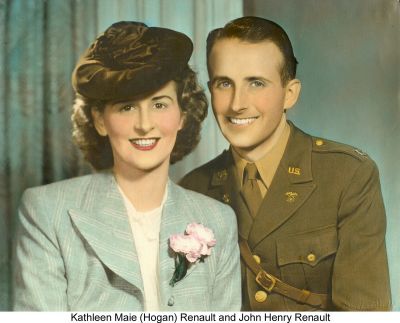 1945 - John Henry and Kathleen Maie Renault Wedding
Kathleen Maie (Kathy) Hogan (1916-1994) was a great grand daughter of Peter Carruacan and Hannah Woods. This photo shows her wedding to John Henry Renault in 1945 in Darling Point, New South Wales. Photo provided by David Reinger, the husband of Meron Mildred Reinger nee Renault, who is a great grand daughter of Peter Carrucan and Hannah Woods.
