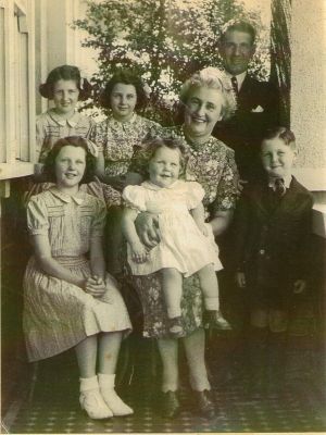 1947 - William Clements and Kathleen Clements nee Carrucan with family
Kathleen Carrucan (1906 - 1992) married William Clements (1905 - 1986) in June 1935. They had 5 children Margaret (b 1936), Mary (b 1937), Kathleen (b 1940), Kevin (b 1942) and Patricia (b 1946). This photo, taken in 1947, shows the young family with Margaret 11 years, Mary 10 years, Kathleen 7 years, Kevin 5 years and Patricia 1.5 years.
Kathleen was one of the six children born to Michael Carrucan (1866 - 1954) and Margaret Lynch (1868 - 1956) of Kew and was a great grand child of Peter Carrucan and Hannah Woods.
