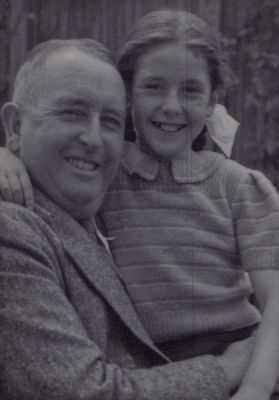 Home / Peter Carrucan Line / 
Leo Carrucan, the fourth child of Margaret and Michael Carrucan of Kew, was born on 23rd December 1901. He met Mary Ellen Angus from Hawthorn in 1927 and they married in January 1935 at Immaculate Conception Church, Hawthorn. Mary and Leo had one daughter, Mary Therese, in April 1938 but, ten days after giving birth, Mary died of cancer. In 1940, Leo married Dorothy Hopper and they lived happily as a family at 73 Edgevale Rd, Kew. This photo shows Leo in relaxed mode with his daughter Mary, sometime around 1950.
Leo died suddenly on 27th March 1958 from a heart attack while sitting in his truck at the Alphington Quarries. He was only 57 years of age. He was buried in the Kew Cemetery. Leo is remembered fondly by his daughter Mary as a wonderful father and a wonderful husband to Dorothy who subsequently died in 1979.
Leo was a grandson of Peter Carrucan and Hannah Woods.
