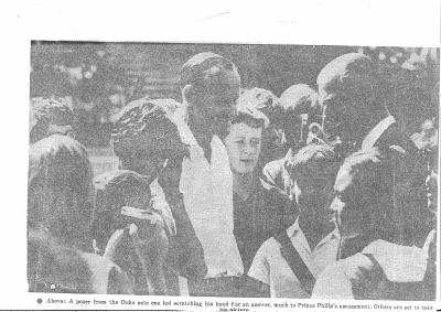 1950s Ted Carrucan and Prince Phillip in NZ
Edmond Thomas (Ted) Carrucan (1929-1991) was one of the children of Thomas Michael Carrucan and Agnes Beryl Connolly. Thomas moved to New Zealand and settled in Auckland, eventually raising a family of 13 children, of whom Ted was one. Ted was a great grandchild of Peter Carrucan and Hannah Woods.
