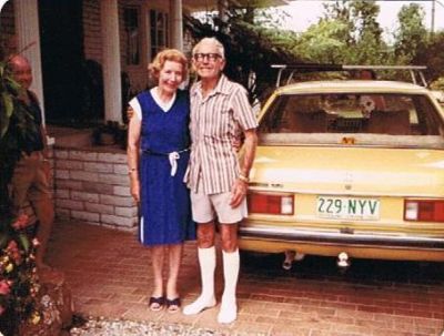 1980s - Molly and Selwyn Hayes at Loganholme
Agnes Mary Carrucan (1881-1917), the youngest child of Peter Carrucan and Hannah Woods, marked Thomas Albert HAYES (1876-1952) in 1900 at Heidelberg. They had 6 children as follows
Francis Vincent (1901-)
John Joseph (1905-1985)
Thomas Albert (1907-1954)
Percival (1909-)
Selwyn James (1912-1986)
Mary Agnes (Molly) (1915-1991)
This photo, from Pam Hayes (nee Allsopp), shows Selwyn and his sister Molly at Loganholme in the 1980s. Selwyn died in 1986 and Molly died in 1991.
