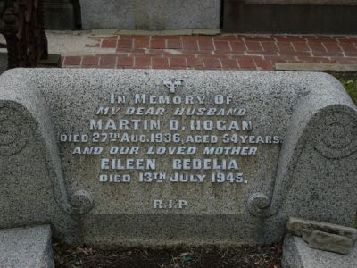2011 - Martin and Eileen Hogan Headstone St Kilda Cemetery Melbourne
Martin John Mowlam took this photo at St. Kilda Cemetery in November 2011. It shows the gravestone of Eileen Bedelia Carrucan (1886-1945) and Martin Denis Hogan (1881-1936). Eileen was a grand daughter of Peter Carrucan and Hannah Woods. Photo provided by David Reinger, the husband of Meron Mildred Reinger nee Renault, who is a great grand daughter of Peter Carrucan and Hannah Woods.
