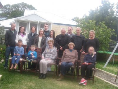 2014 - Aileen James and Shirley Blomfield with children and some of the grandchildren
Aileen May James nee Carrucan (born 1928) and Shirley May Blomfield nee Carrucan (born 1929) are the two daughters of John Carrucan (1906-1978) and Rebecca Searle. They are great grand daughters of Peter Carrucan and Hannah Woods. They are pictured here during a family reunion in 2014, along with their children and a number of their grandchildren.
