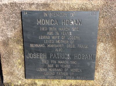 2017 - Grave Mona Carrucan Joe Hogan Field of Mars Cemetery NSW
Monica Carrucan (1896-1976) and her husband Joseph Patrick Hogan (1898-1990) are both buried in the C of E section (Lawn 4 – Grave 2113) in The Field of Mars Cemetery, Ryde, NSW.

Mona and Joe had a long marriage, producing children Margaret, Bernard, Gregory and Frank. Mona was the grand daughter of Peter Carrucan and Hannah Woods.

Photo passed onto us by John Richardson.
