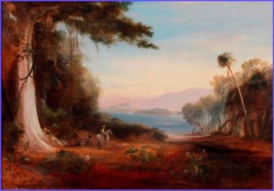 1835 Illawarra Lake painting by Conrad Martens, Wollongong Art Gallery
The 1835 painting 'Illawarra Lake' by Conrad Martens shows remnant forest including a Cabbage Tree Palm, along with a horse and figures and the lake beyond. Thomas Sweeney was one of those who transported the cut wood from the Illawarra to Sydney in his coastal cutter.

