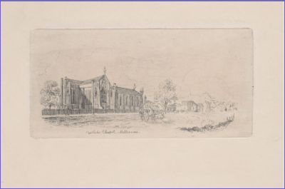 1841-1845 circa Catholic Chapel Melbourne  by Henry Gilbert Jones, etcher c1804-1888, State Library of Victoria
This engraving is in the collection of the State Library of Victoria. It is by Henry Gilbert Jones who in 1850 purchased Allotment 6 of Portion 5, Parish of Nillumbik and became Sweeney's next neighbour on the west. The picture is dated to c1841-c 1845 which encompasses the time the children of Thomas and Margaret were baptised at St Francis Church. It had not been built when Patrick was baptised in 1839. Jones employed John Sweeney in the 1880s and died in 1888.
