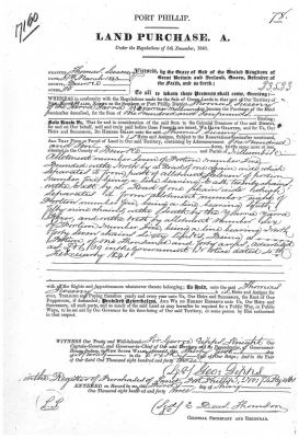 1843-03-31 Culla Hill Land Purchase 110 acres No 17160 78
The first land allocations in Eltham took place as part of a subdivided lot of 1040 acres advertised as Lot 69 in a Government Notice dated 4th of February 1841. The large portions of land found no buyers, so were cut into smaller allotments. It was one of these allotments that Thomas Sweeney bought in 1843. In relation to the Certificate of Title dated the 31st of March 1843, we read: ‘Port Philip. Land Purchase, A. Whereas in conformity with the Regulations made for the Sale of Crown Lands in that part of Our Territory of New South Wales, Known as the Southern or Port Phillip District Thomas Sweeny of the Yarra Yarra River near Melbourne has become the purchaser of Land hereinunder described, for the Sum of One Hundred and Ten Pounds Sterling. One Hundred and Ten Acres, be the same more or less, situated in the County of Bourke and Parish of Nillumbik. Allotment number Seven of Portion number Five.’ 
