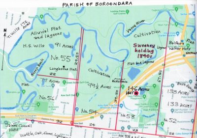 1843 Sweeney Boroondara holding - a modern map
Thomas Sweeney's land in Boroondara occupied under licence by the Sweeneys was basically an alluvial river flat with lagoons, some surviving trees and a stockyard. The alluvial flats with flood enriched soils were generally ideal areas for cultivation and grazing, with timber-getting being a reliable income as long as it lasted. The trees were initially felled by squatters for huts and fences, and wood was always needed for cooking and heating. Floods were a problem for anyone living close to the river and when they were severe, crops had to be replanted, huts repaired and fences rebuilt.
This modern map, to which Peter Cuffley has added words and boundaries, shows exactly how the Eastern Freeway has now cut through Thomas Sweeney's 146 acre Boroondara leasehold.  Thomas was keen to buy it in the 1840s, but was not to know it would mostly become reserved land and later be affected by a freeway and the Burke Road on and off ramps.
