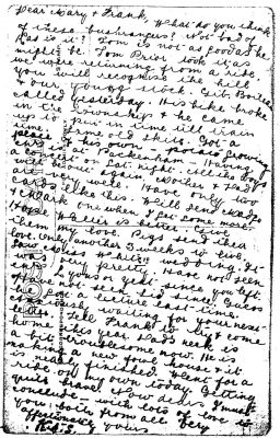 1907 circa - Thomas and Kathleen Sweeney, postcard to Mary and Fran in WA
This is the back of the photo of Kathleen (Kas) and Thomas (Tom) Sweeney which was sent as a postcard to older siblings Tom and Mary in Western Australia. It says in part

"Tom Prior took it as we were returning from a ride. You will recognise the hill; our young stock.....Pigs send their love. Only another 3 weeks to live....Tell Frank to try and come home this year. Anxiously waiting for your next letter. Dad's neck is a bit troublesome now. He is making a new fowl house and it is nearly finished. Went for a ride on my own today."

