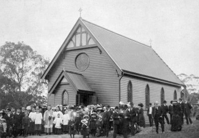 1912 circa St Mary's Catholic Church cnr Main Road and Henry Street Eltham
St Mary's Catholic Church, cnr Main Road and Henry Street, Eltham was opened/blessed October 13, 1912. The wooden church was built to replace an earlier brick church also known as St Mary's (1865-1912), which had been situated on the main road near present day Wingrove Park. The church and land cost £1,400 (Evelyn Observer). The wooden church was destroyed by fire in 1961.
Sourced from the Eltham District Historical Society.
