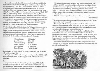 1971 Pioneers and Painters page 12
In the years leading up to 1971, the centenary of the Eltham Shire's birth, the Council felt that the publication of a Shire history would fittingly mark the century of achievement. Well known author Alan Marshall, who was an Eltham resident, took on the task and the end result was the wonderful Pioneers and Painters book. As part of his research, Marshall reached out to many people including Peter Cuffley (who was his source for information on Thomas Sweeney) and my uncle Jack Carrucan (who was also very knowledgeable about the early days of the Shire).
Front Cover
Pioneers and Painters is a wonderful history of the early settlement of Eltham and the surrounding towns -  Kangaroo Ground, Queenstown, Panton Hill, Christmass Hills, Yarra Glen, Kinglake. It is still generally available for purchase at second hand bookshops and via online vendors and I would recommend it to everyone.
This book is also the first to acknowledge Thomas Sweeney's early footprint in the Eltham district and his pioneering settlement at Culla Hill.
For completeness, here are the 2 pages in 'Pioneers and Painters' that refer to Thomas Sweeney.
