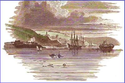 1820s Cork Harbour showing the prison hulk Surprise
On the 14th of May 1823, Thomas Sweeney and Michael Connors left Clonmel Gaol and under armed escort were transferred to the Convict Depot at Cork. From there they were later taken by steam packet to the Cove of Cork (Cobh) and placed on the Prison Hulk Surprise. This former Royal Navy frigate, built in the shipyards in Milford, Wales in 1812, was modified as a hulk in 1822-23. This 1820s print shows the 'Surprise' in Cork Harbour.
Collection Peter Cuffley
