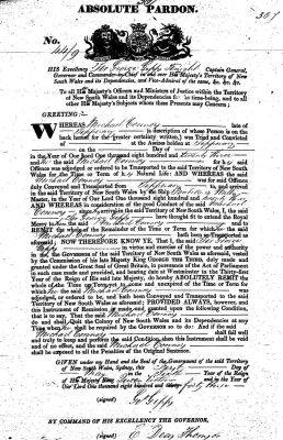 1843 - Michael Connors, Absolute Pardon, 1st of May 1843, 44-9, 367
Thomas Sweeney and Michael Connors arrived in Port Jackson on the Convict Transport Isabella (3) in December 1823. Connors received a Ticket of Leave dated the 15th of December, 1832 which allows him to remain in the District of Bathurst. He was subsequently granted an Absolute Pardon dated May 1 1843. ‘Captain Rock’ had certainly come a long way since that historic night in 1823 at Cullahill, Parish of Bourney, Barony of Ikerrin, County Tipperary.

