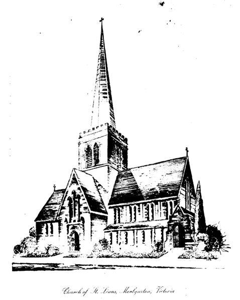 1920s Original Church Design
In 1921 Captain D S Bain subdivided an area of land in North Coburg, calling the estate “Merlynston” after his daughter. The settlement grew as returned soldiers and other young people populated the area, leading to a call to Archbishop Harrington Lees for the provision of a place of worship for Church of England people. The Diocese agreed to purchase the land on which the present church stands together with the two adjoining blocks. In 1925 a church hall was built and was used as the worship centre until the actual church build could commence in 1931. 
The architect Charles Heath, who designed the layout of the Fawkner Cemetery, had been chosen to design the St Linus church. He came up with a grand and architecturally impressive building, which, perhaps fortunately, was never completed in its original form.  
The nave of St Linus' Church was built in 1932. It was planned as the first section of a most imposing building which, when complete, would have included transepts, a central tower and spire, and a sanctuary. These later sections were never completed. 
A temporary wall was erected where the transepts were intended to be placed.  It stayed for 46 years until the current east facing large glass window was constructed in 1978.
Charles Heath was also the architect for Coburg Town Hall, the Coburg Holy Trinity Memorial Hall, The Coburg Oval Stand, The Davies St Brunswick Masonic Lodge Hall and many retail buildings around Coburg.
