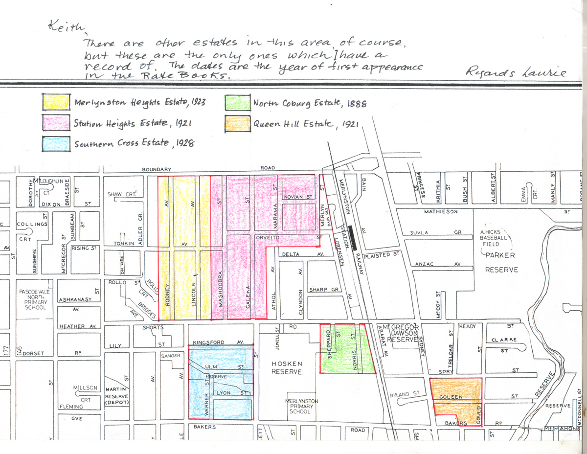 1921-1923 Merlynston development estates
The original 1921 and 1923 development estates are shown in this hand drawn map.
