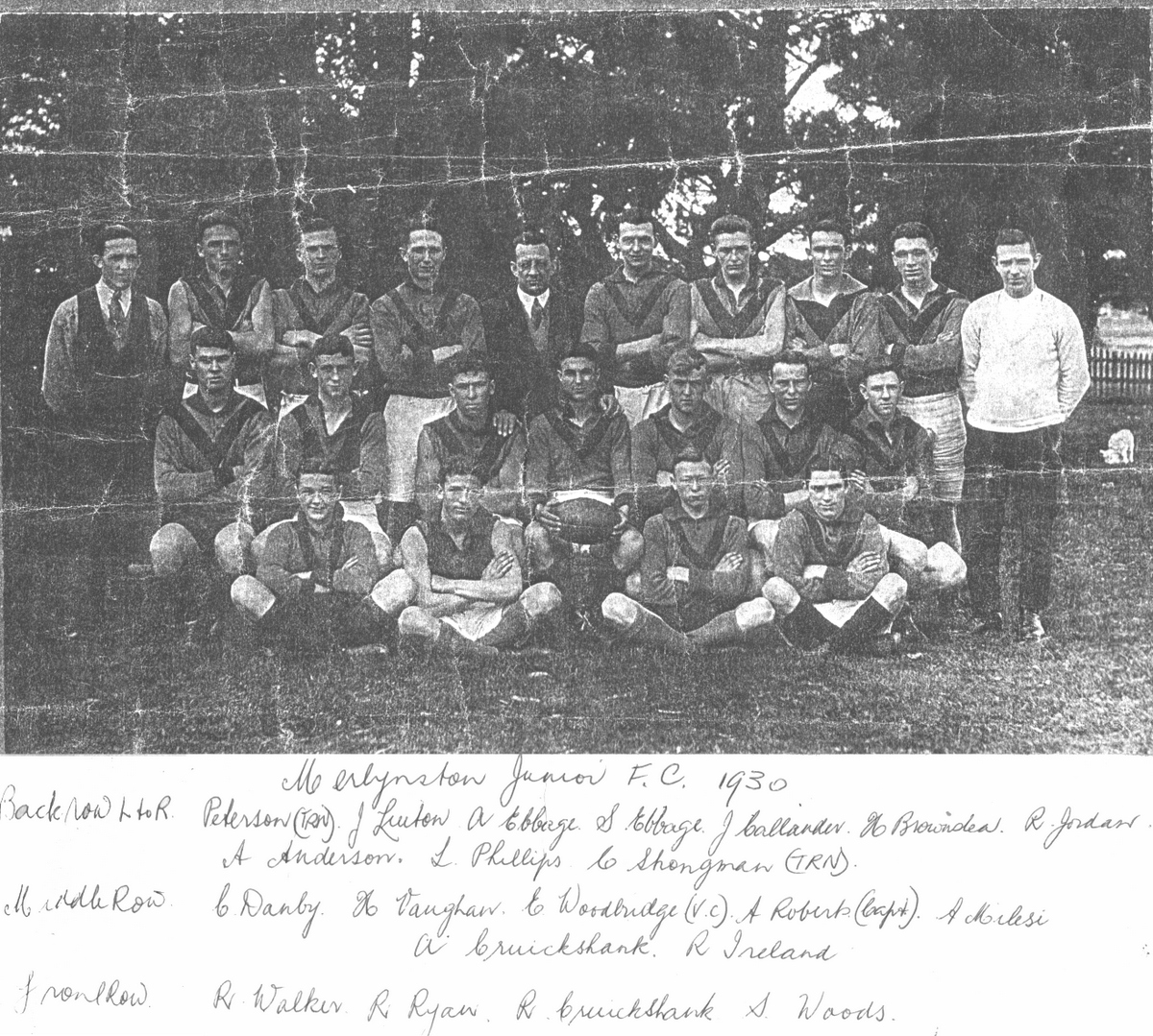 1930 Merlynston Junior Football Club
By the late 1920s, Merlynston had football and cricket teams. In fact, in 1931 St Linus Church formed its own cricket team which subsequently won the 1933 Coburg Districts Cricket League grand final. Over 300 people attended the club's annual presentation awards in the St Linus Hall to celebrate the win.
